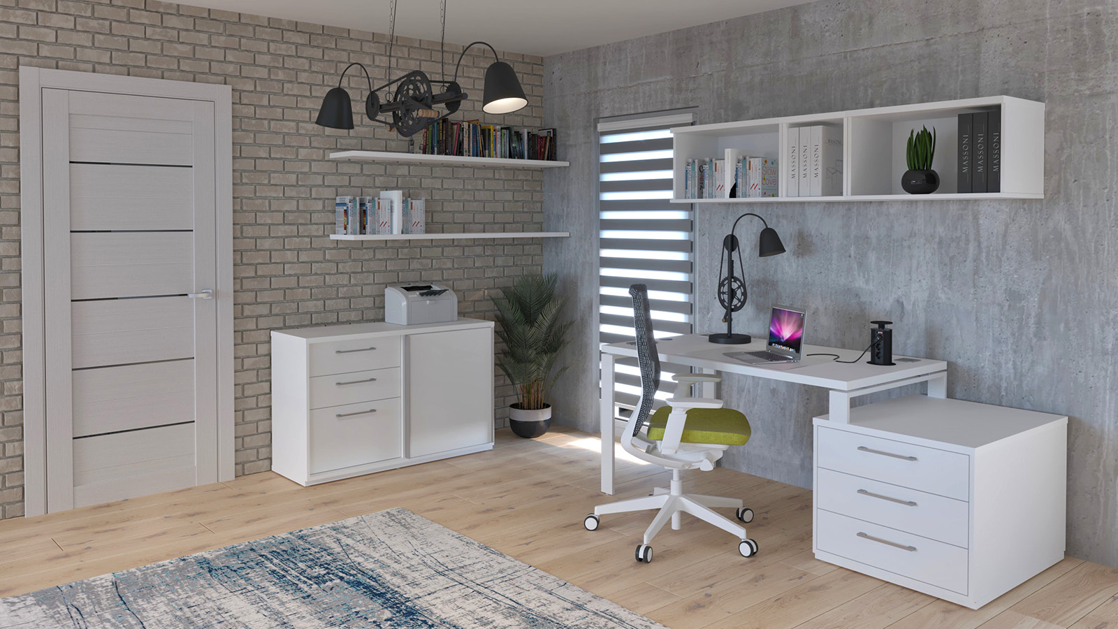 Aranżacja pokoju home office - białe meble w postaci: biurka opartego na komodzie, niskiej szafy, szafki wiszącej i krzesła.